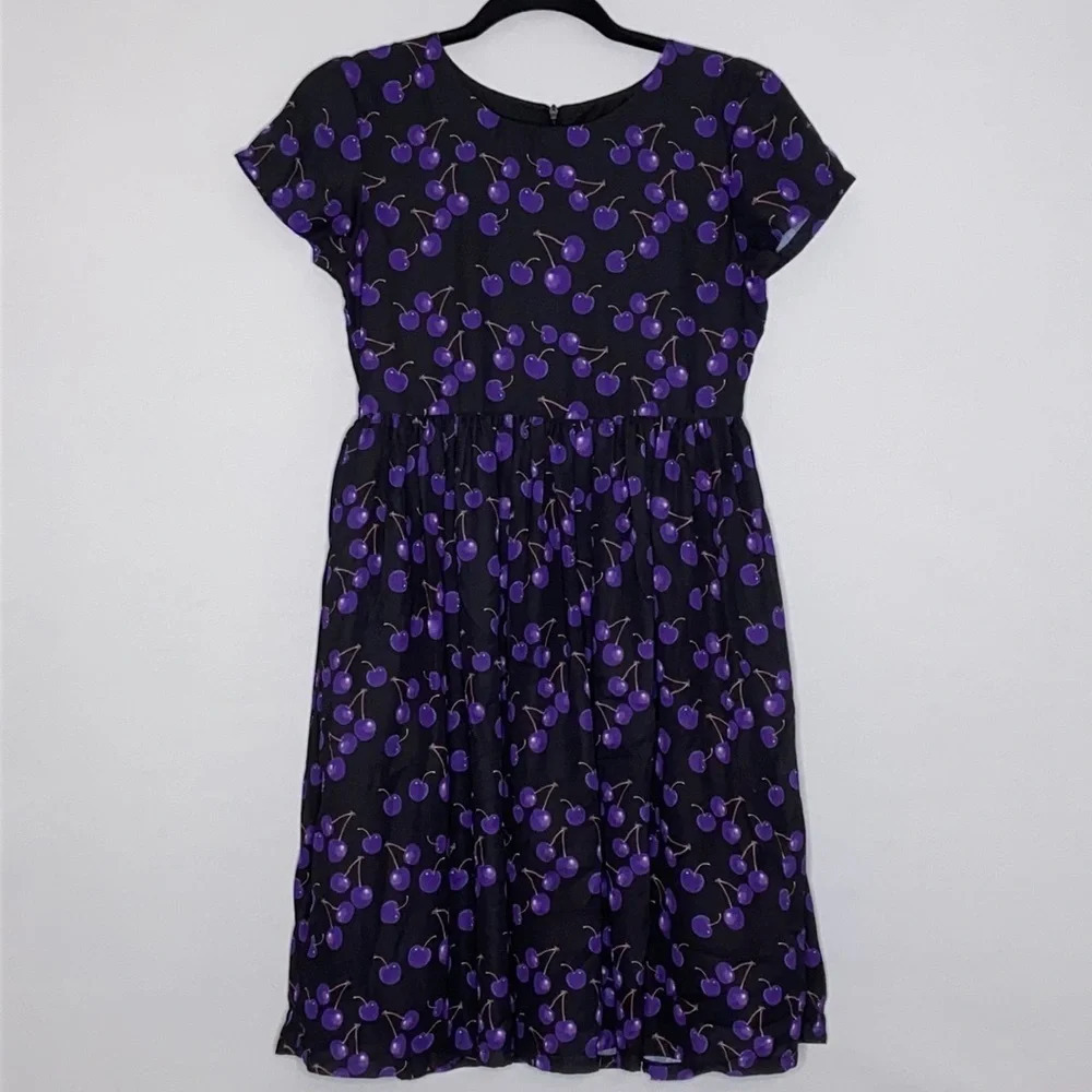 Emma Riley Purple Cherry Short Sleeve Dress - Size 14
